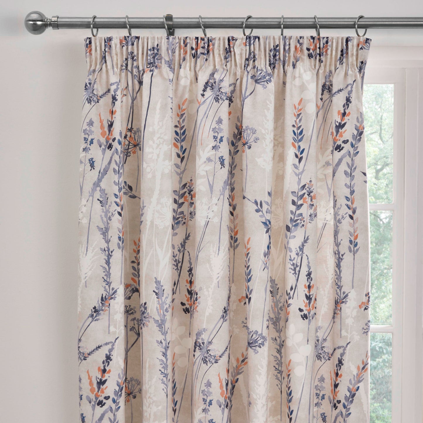 Wild Stems Pair of Pencil Pleat Curtains With Tie-Backs by Dreams & Drapes Design in Blue - Pair of Pencil Pleat Curtains With Tie-Backs - Dreams & Drapes Design