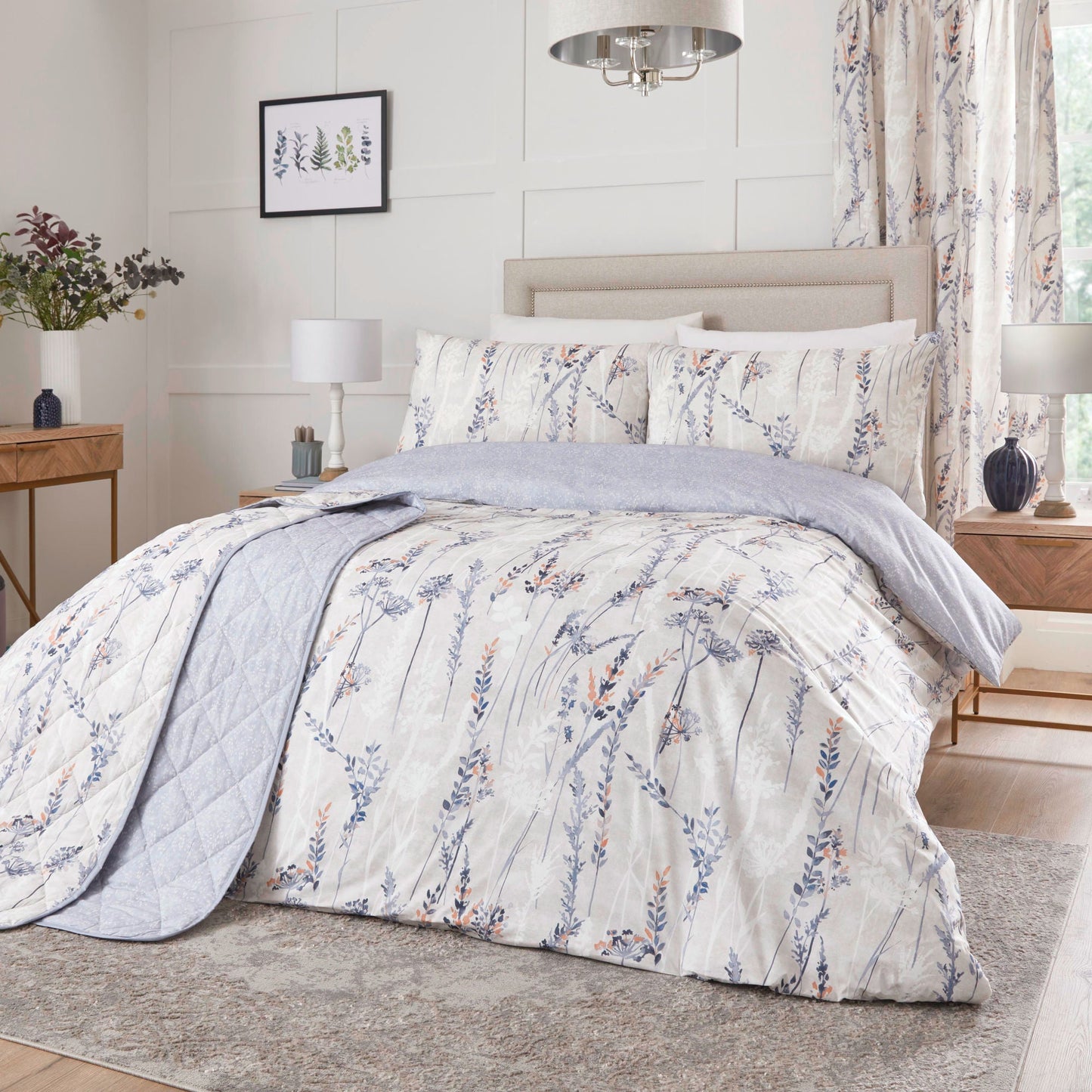 Wild Stems Pair of Pencil Pleat Curtains With Tie-Backs by Dreams & Drapes Design in Blue - Pair of Pencil Pleat Curtains With Tie-Backs - Dreams & Drapes Design