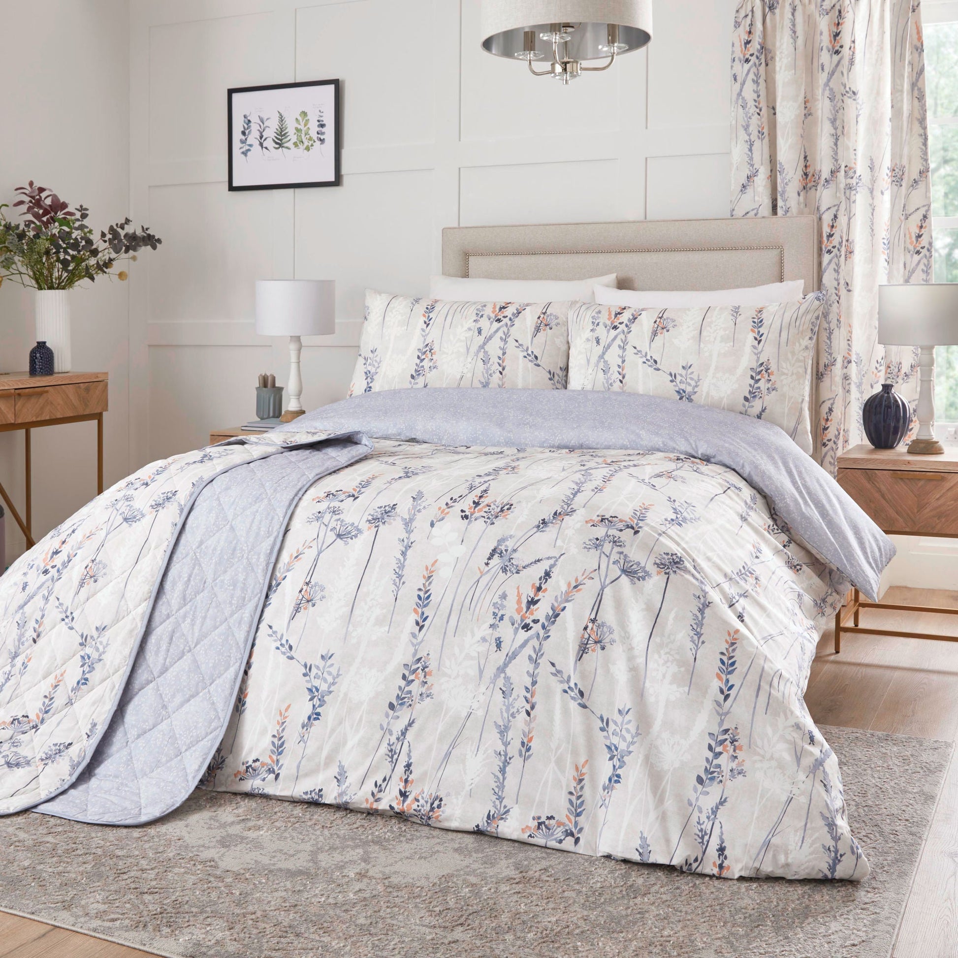 Wild Stems Pair of Pencil Pleat Curtains With Tie-Backs by Dreams & Drapes Design in Blue - Pair of Pencil Pleat Curtains With Tie-Backs - Dreams & Drapes Design