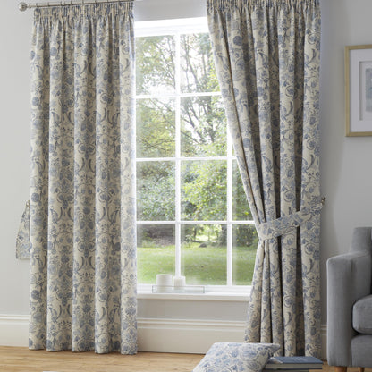 Averie Pair of Pencil Pleat Curtains With Tie-Backs by Dreams & Drapes Design in Blue - Pair of Pencil Pleat Curtains With Tie-Backs - Dreams & Drapes Design