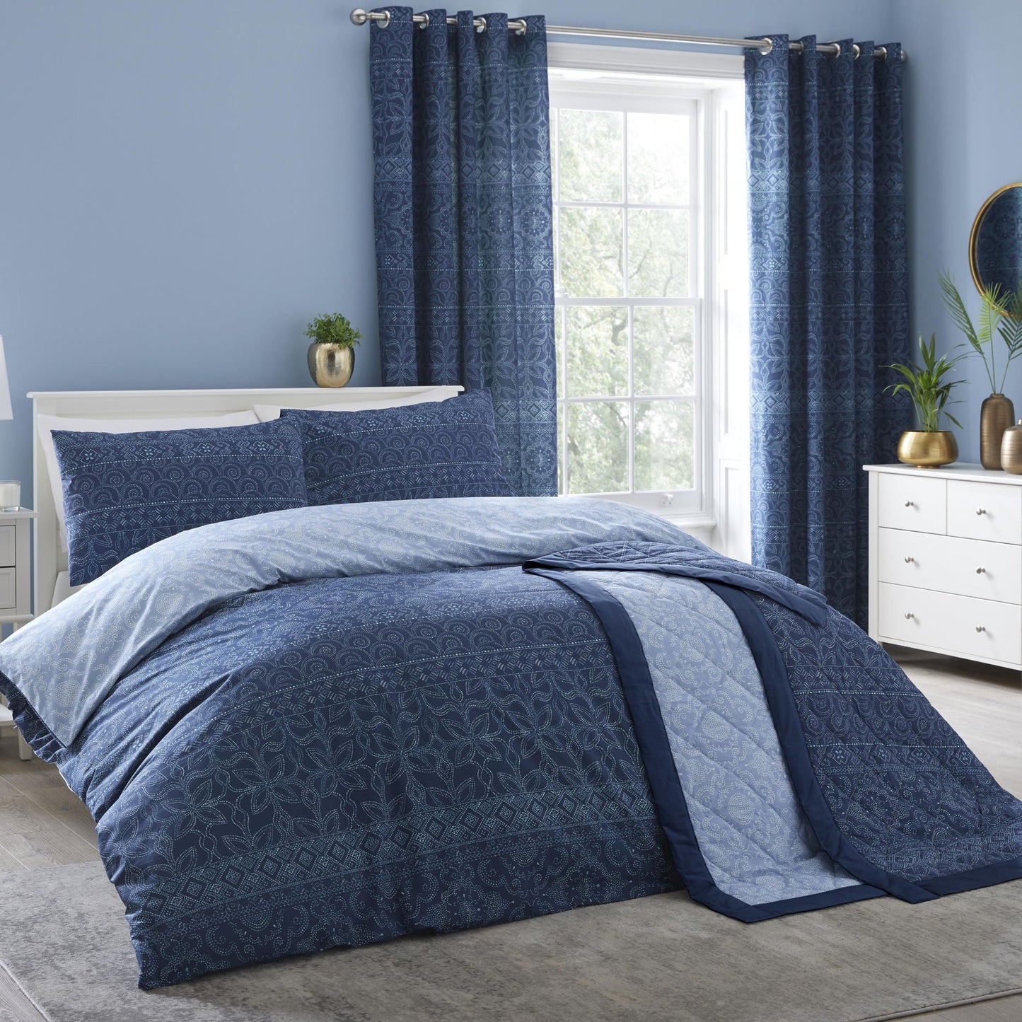 Rohini Pair of Eyelet Curtains by Dreams & Drapes Design in Blue - Pair of Eyelet Curtains - Dreams & Drapes Design